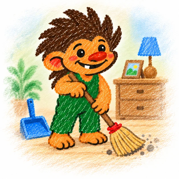 A troll sweeping the floor