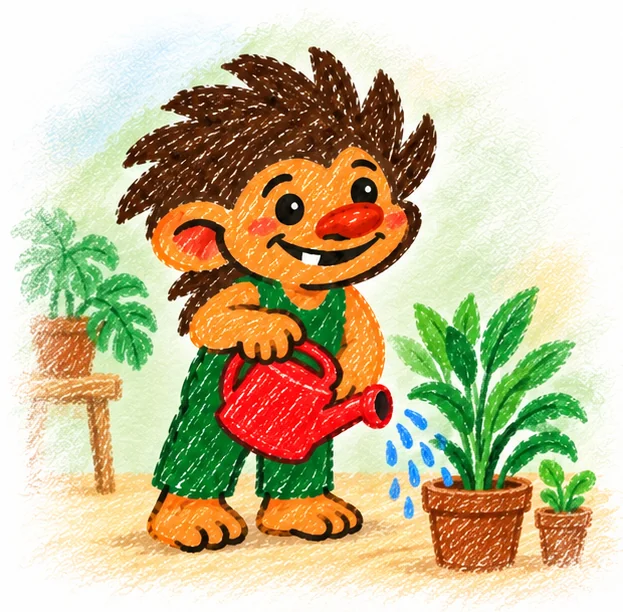 A troll watering houseplants